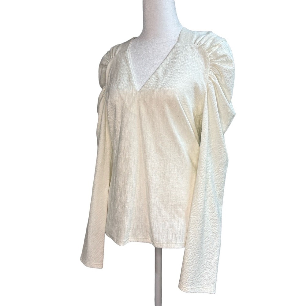 Rebecca Taylor Cream Puff Sleeve V-Neck Textured Knit Top Large‎ Ivory Blouse - Picture 3 of 7